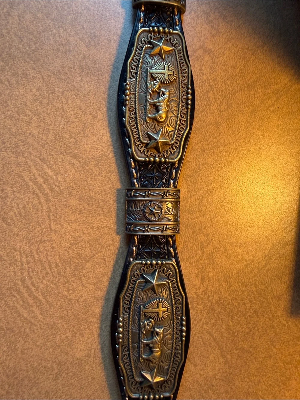 NWOT West Star Texas Western Brown Leather Belt with Ornate Antique Brass Buckle